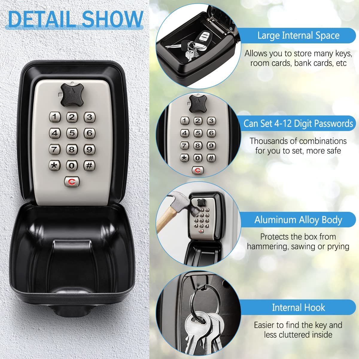 Waterproof Outdoor Wall-Mount Key Lock Box with Push-Button Combination, Black