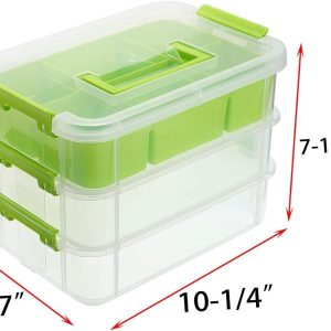 3-Tiers Stack Carry Storage Box With Divided Tray, Transparent Stackable Storage Bin With Handle Lid Latching Storage (Green) - Image 1