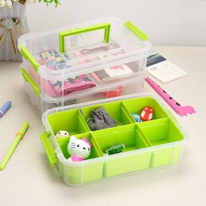 3-Tiers Stack Carry Storage Box With Divided Tray, Transparent Stackable Storage Bin With Handle Lid Latching Storage (Green) - Image 3