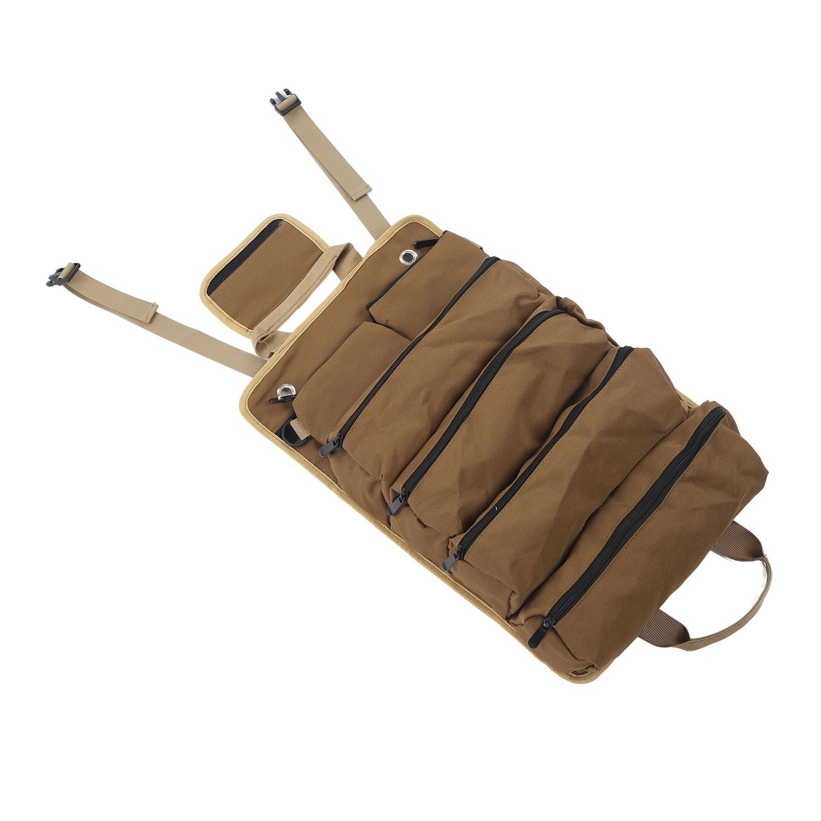 Roll Up Tool Bag Multipurpose Portable Tool Storage Bag Oxford Cloth Separate Pockets Tool Organizer for Gardening Camping Khaki