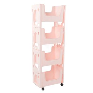 Storage Cart Large Capacity Thickened Mobile Storage Rack with Lockable Casters for Books Toys Seasoning Bottles 4 Tier Pink - Image 1