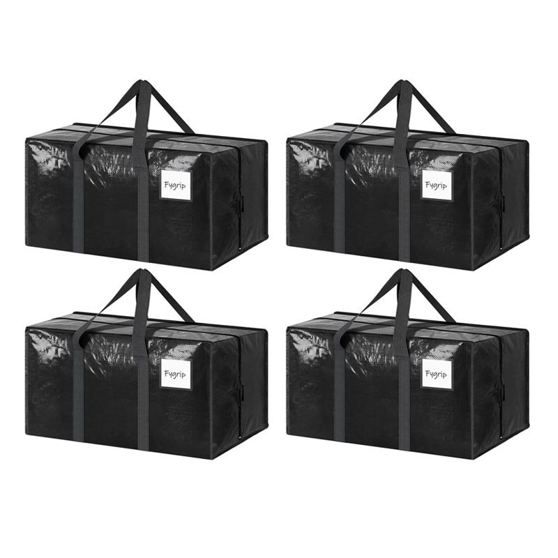 4 Pack Extra Heavy Duty Large Moving Bags with Strong Zipper & Comfortable Handles, Sturdy & Durable Clothes Storage Bags Totes Bins, Packing Moving Boxes for Clothes, Bedding, Dorm & Travel, Black