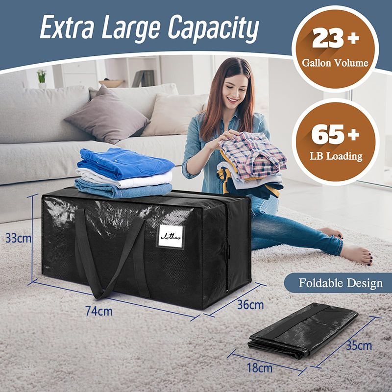 4 Pack Extra Heavy Duty Large Moving Bags with Strong Zipper & Comfortable Handles, Sturdy & Durable Clothes Storage Bags Totes Bins, Packing Moving Boxes for Clothes, Bedding, Dorm & Travel, Black