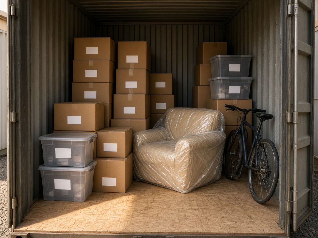 An open storage unit neatly packed with boxes, a wrapped armchair and a bike