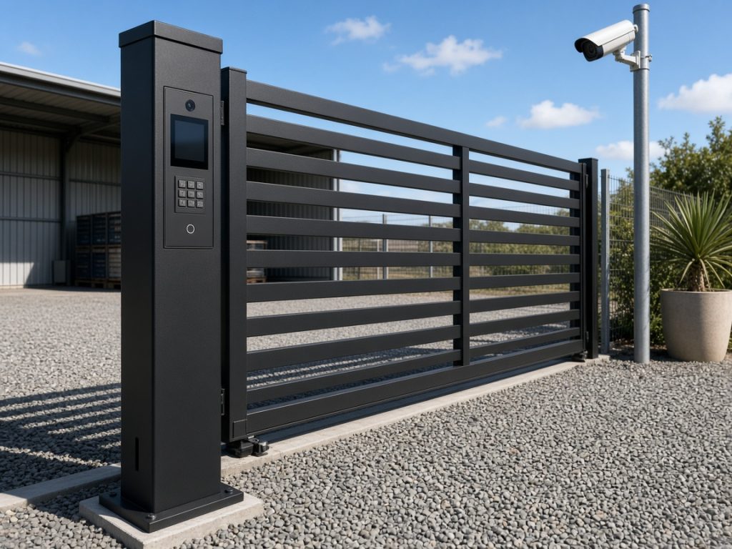 Motorised sliding security gate with a keypad and a CCTV camera