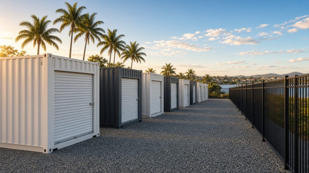 Rows of secure storage units behind a black security fence in a sunny coastal yard