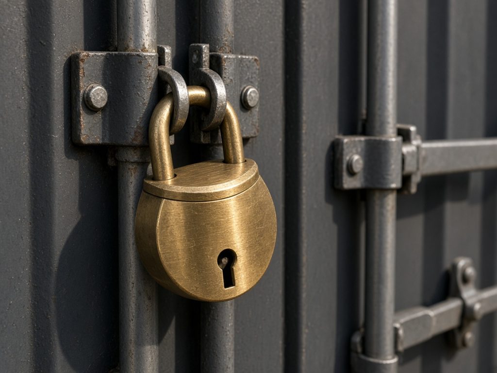 A heavy-duty padlock on a storage container door