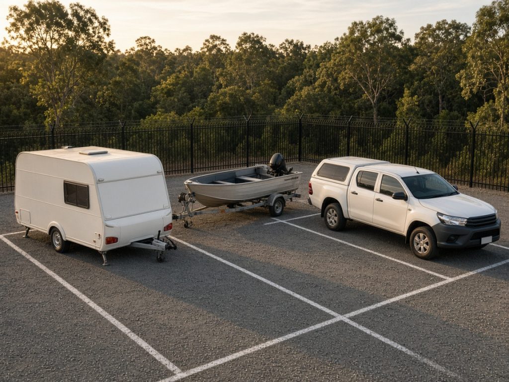 A caravan, a boat on a trailer and a ute parked in marked bays in a fenced yard